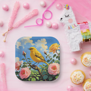 Colourful yellow bird and pretty pink roses paper plate