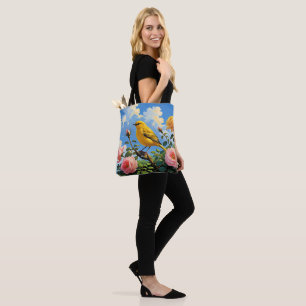 Colourful yellow bird and pretty pink roses tote bag