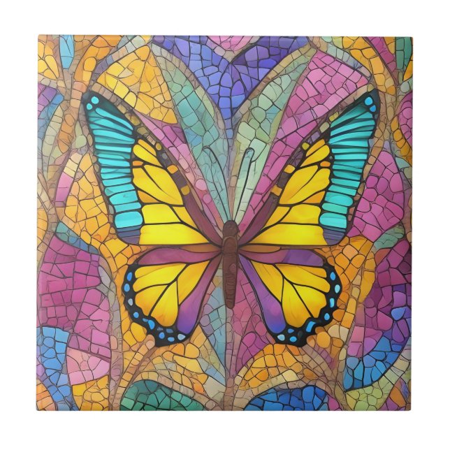 Colourful Yellow Butterfly Beautiful Mosaic Ceramic Tile (Front)