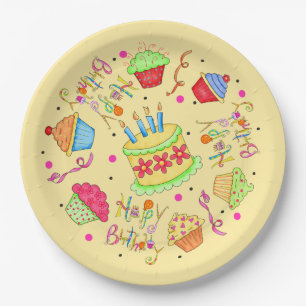 Colourful Yellow Cupcakes Cake Happy Birthday Paper Plate
