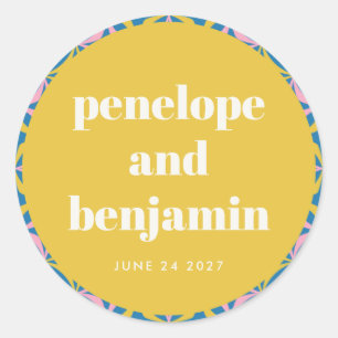 Colourful Yellow Geometric Custom Wedding Names Classic Round Sticker