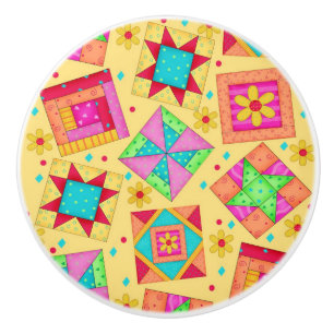 Colourful Yellow Quilt Patchwork Block Art Ceramic Knob