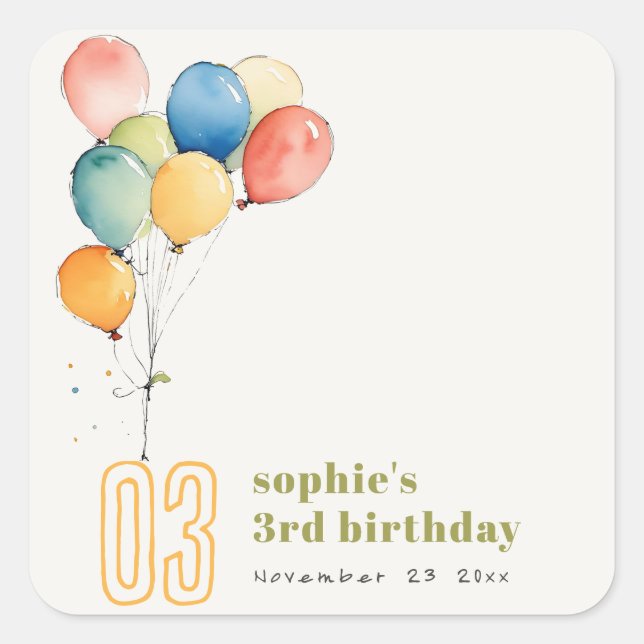 Colourful Yellow Red Green Balloons Kids Birthday Square Sticker (Front)