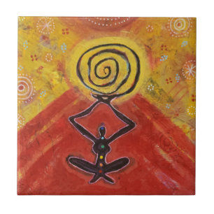 Colourful yoga woman holding spiral energy ceramic tile