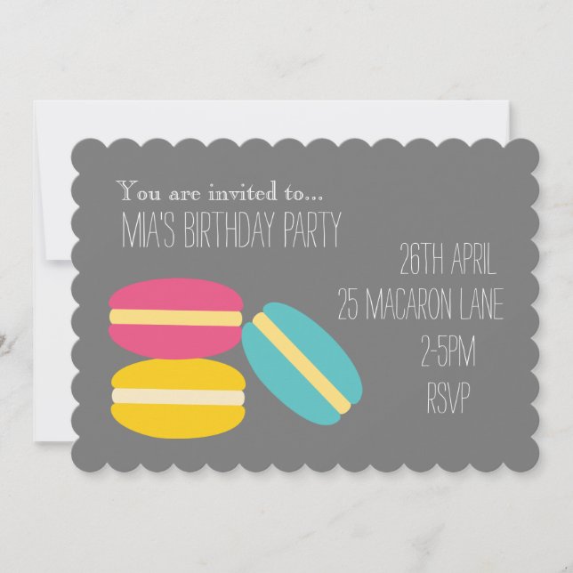 Colourful yummy macaroon girl's birthday party invitation (Front)