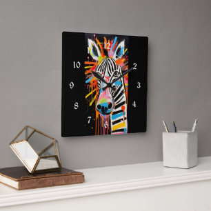 Colourful Zebra Grafitti Square Wall Clock