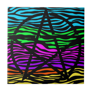 Colourful Zebra Print Pentagram Ceramic Tile