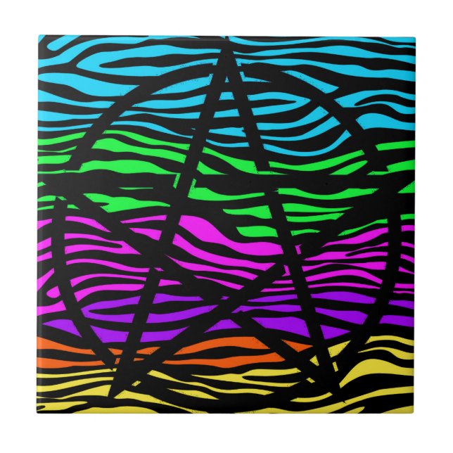 Colourful Zebra Print Pentagram Ceramic Tile (Front)