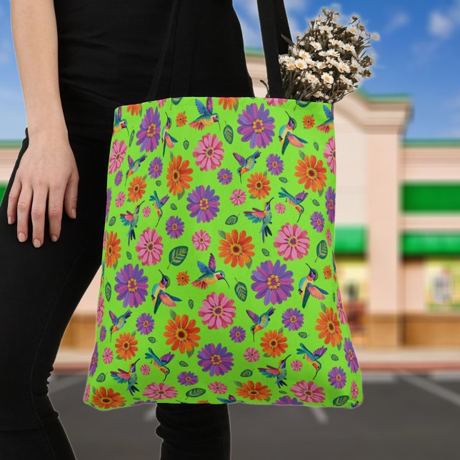 Colourful Zinnia Flowers & Hummingbirds Pattern  Tote Bag (Creator Uploaded)
