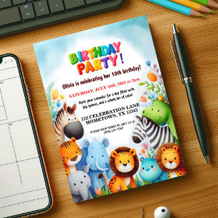 Colourful Zoo Animals Birthday Party Invitation