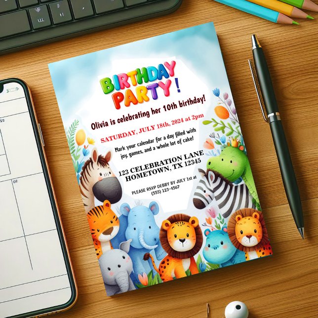 Colourful Zoo Animals Birthday Party Invitation (Creator Uploaded)