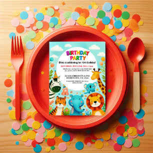 Colourful Zoo Animals Birthday Party Invitation