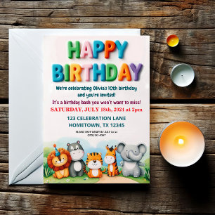 Colourful Zoo Animals Birthday Party Invitation