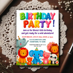 Colourful Zoo Animals Birthday Party Invitation Postcard