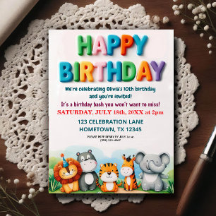 Colourful Zoo Animals Birthday Party Invitation Postcard