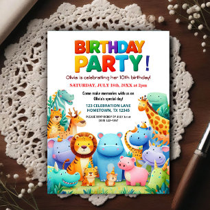 Colourful Zoo Animals Birthday Party Invitation Postcard
