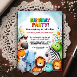 Colourful Zoo Animals Birthday Party Invitation Postcard
