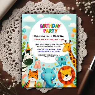 Colourful Zoo Animals Birthday Party Invitation Postcard