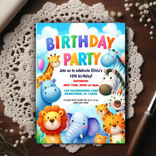 Colourful Zoo Animals Birthday Party Invitation Postcard