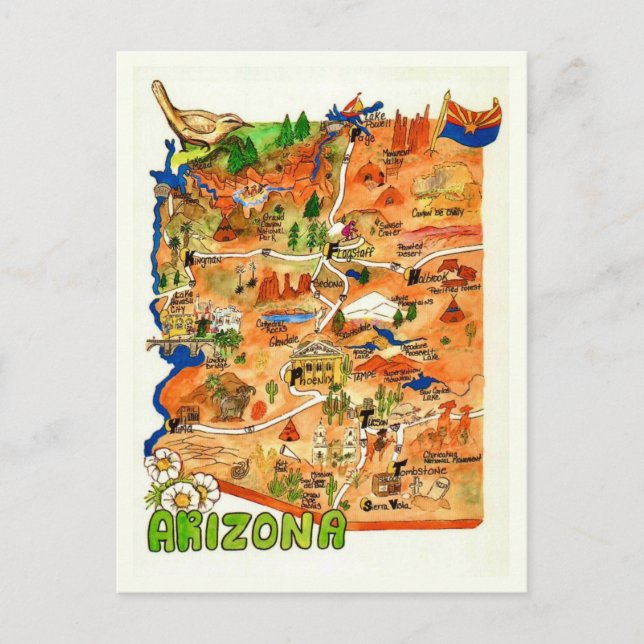Colourfully Illustrated Arizona Map Postcard (Front)