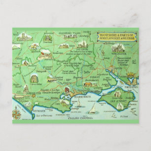 Colourfully Illustrated Map Hampshire England Postcard