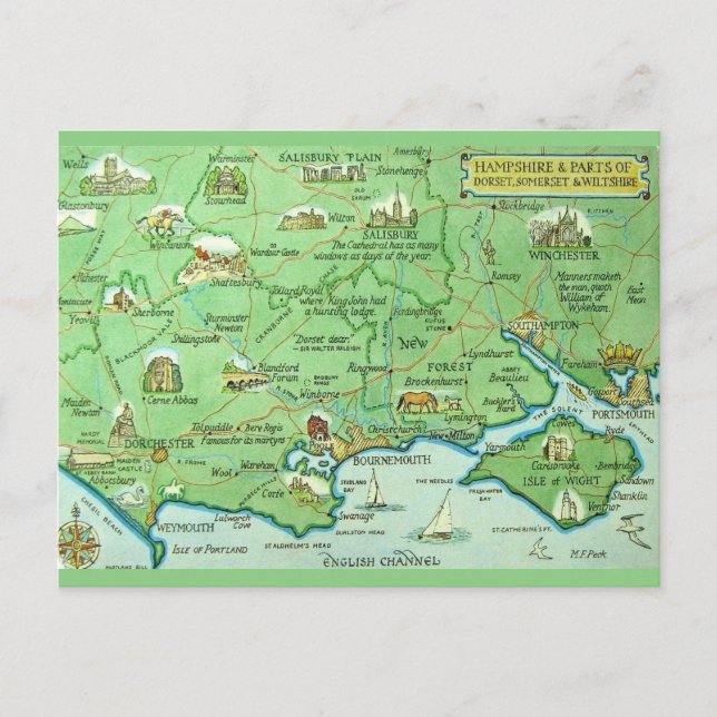 Colourfully Illustrated Map Hampshire England Postcard (Front)
