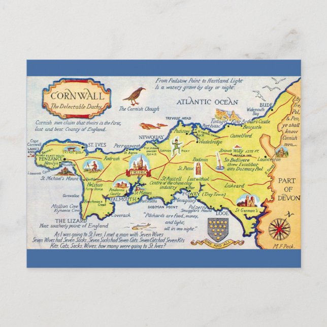 Colourfully Illustrated Map of Cornwall England Postcard (Front)