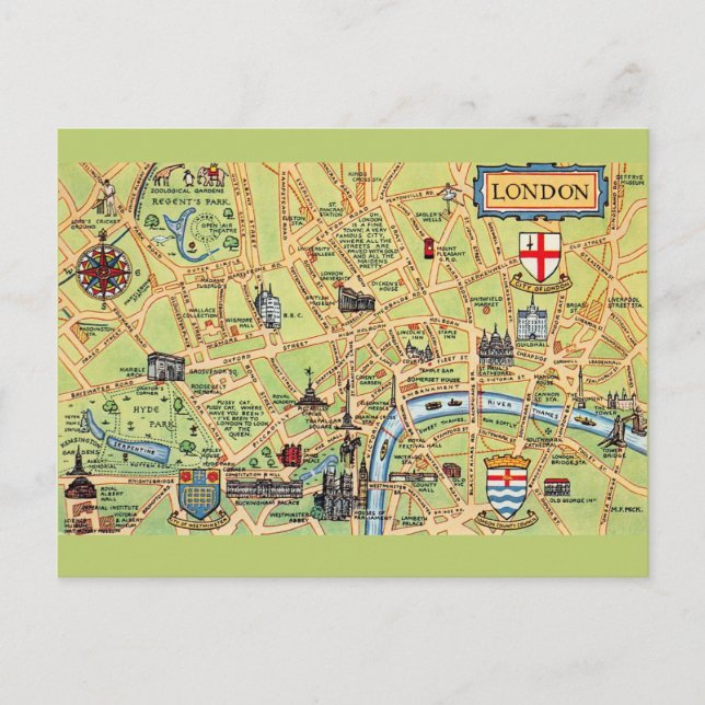 Colourfully Illustrated Map of London England Postcard (Front)