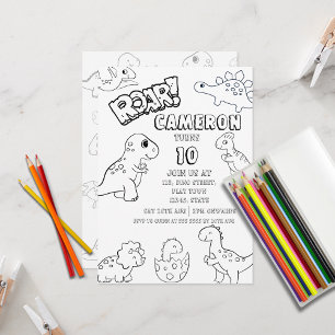 Colouring Activity Cute Dinosaur Birthday Invitation