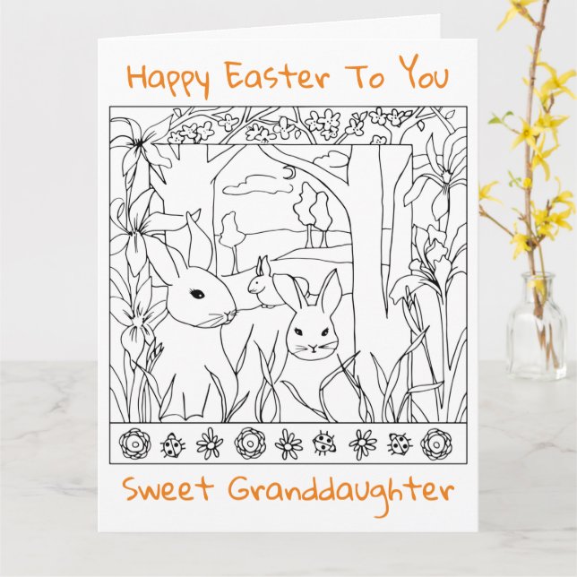 Colouring Book Easter Card Granddaughter Rabbits (Yellow Flower)