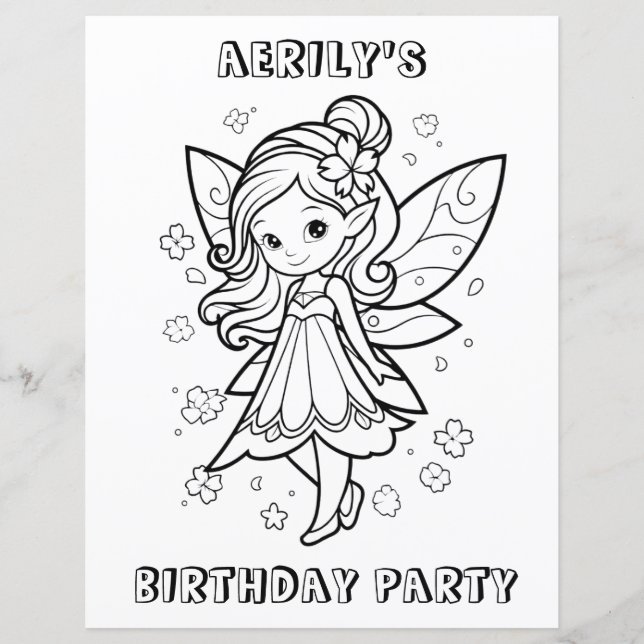Colouring book fairy birthday party activity page  (Front)