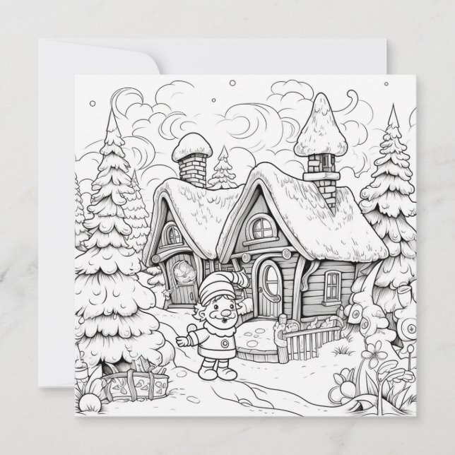 Colouring Christmas Card Kids Elf Village Snow  (Front)