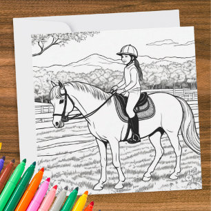 Colouring Colour In Picture Girl Horse Riding Pony Card