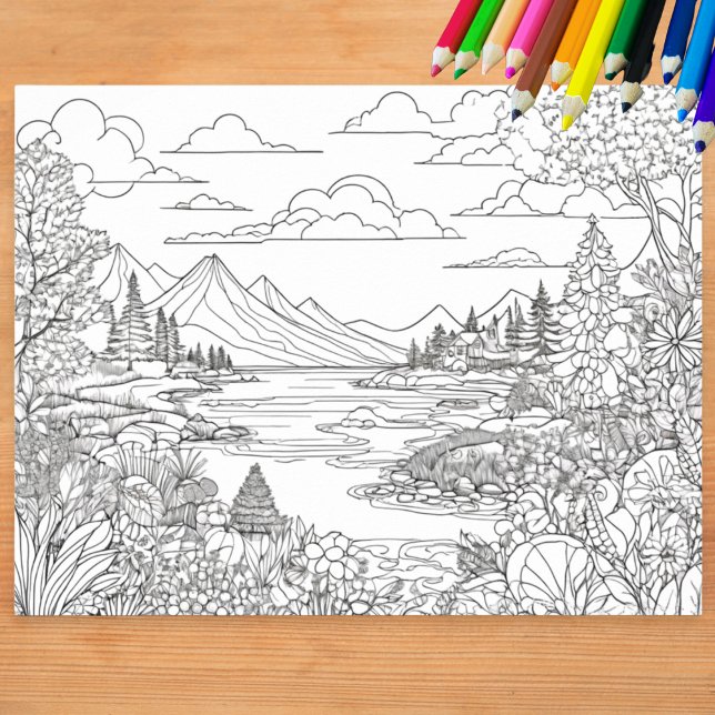 Colouring Landscape Lake Mountains Scenery Colour  Poster (A poster to color with detailed landscape including a lake, mountains, trees and plants)