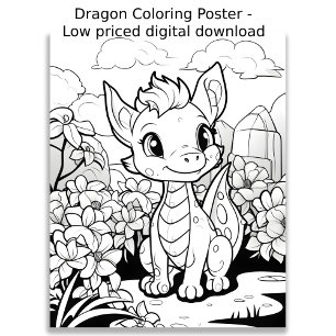 Colouring Page - Cute Dragon, Colour Your Own  Poster