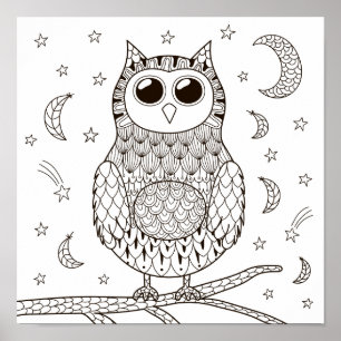 Colouring Page Owl Under the Moon Poster