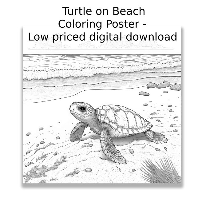 Colouring Page - Turtle on Beach, Colour Your Own Poster (Image shows a drawing of a turtle on the beach, designed to be colored in by user.)