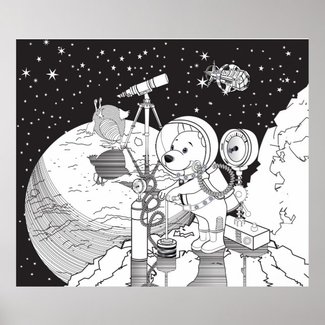 Colouring space with an astronaut puppy poster (Front)