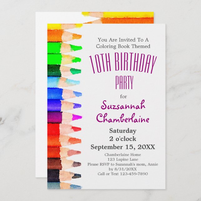 Colouring Theme Rainbow Pencils Children's Party Invitation (Front/Back)
