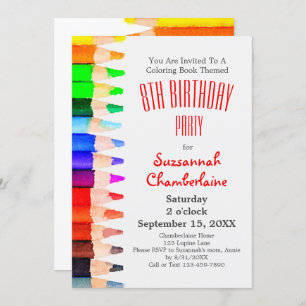 Colouring Theme Rainbow Pencils Kids Birthday Part Invitation