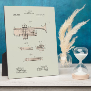 Colourized Vintage Trumpet Patent Illustration Plaque