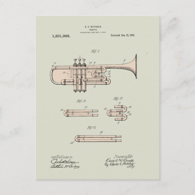 Colourized Vintage Trumpet Patent Illustration Postcard (Front)