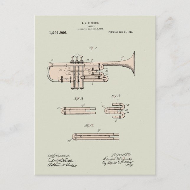 Colourized Vintage Trumpet Patent Illustration Postcard (Front)