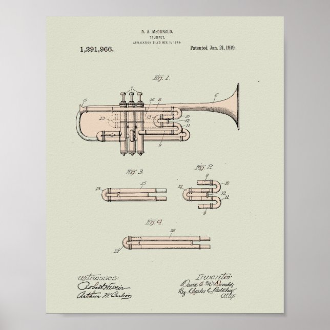 Colourized Vintage Trumpet Patent Illustration  Poster (Front)