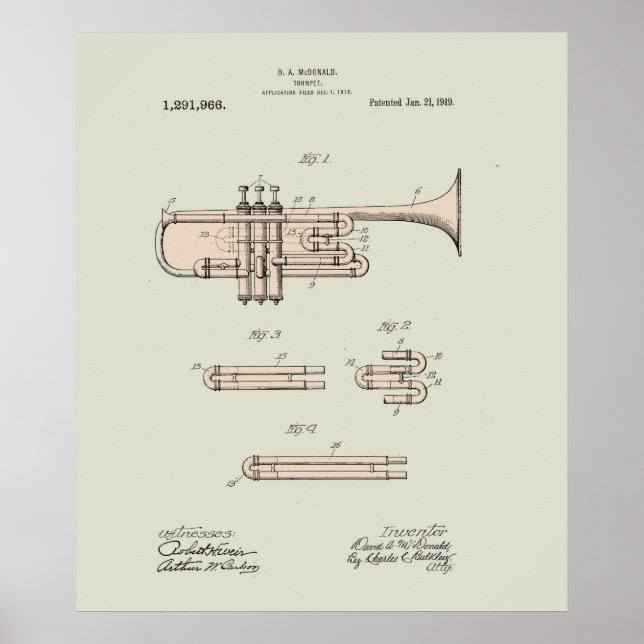 Colourized Vintage Trumpet Patent Illustration Poster (Front)