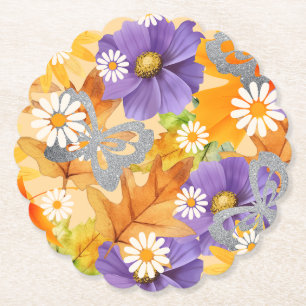 Colours of fall with leaves, daisies and butterfly paper coaster