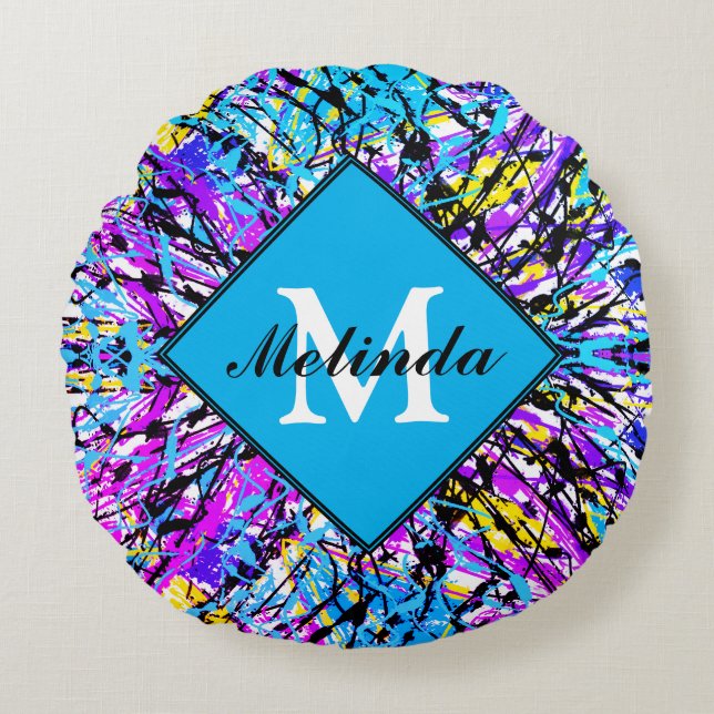Colours of Life Vivid Abstract Art Monogram Initia Round Cushion (Front)