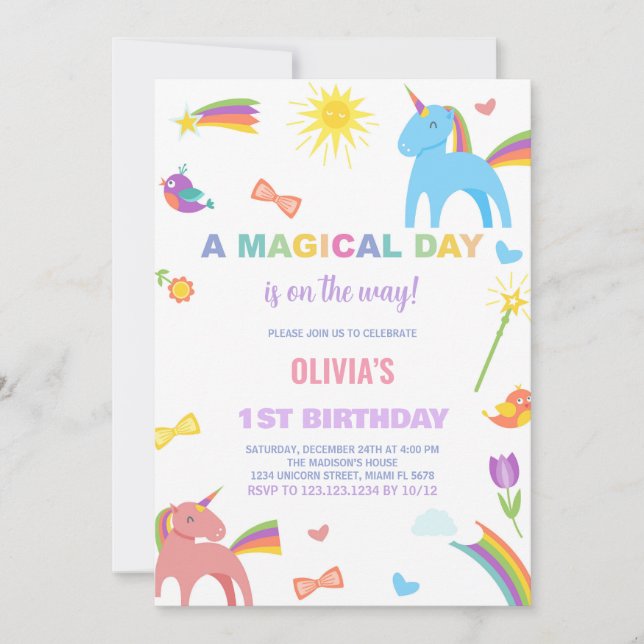 Colours Unicorn Birthday Invitations (Front)