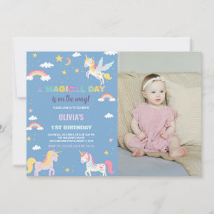 Colours Unicorns Birthday Invitations with photo