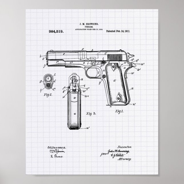 Colt .45 1911 Patent Art - Lined Peper Poster (Front)